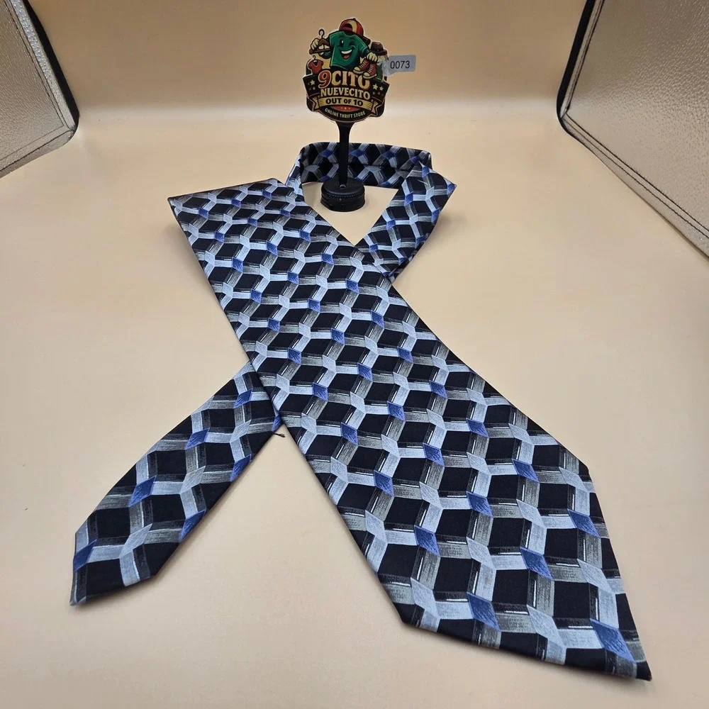 Laurant Benon Paris Mens Silk Tie Blue Grey Black Geometric Geometric Hand Made